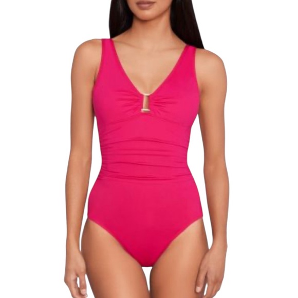 LAUREN Ralph Lauren | Fuchsia Swimsuit with Gold Square Ring Accent size 8 NEW - Picture 3 of 15